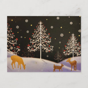 Goldene Vintage-Hirschfamilie im schneebedeckten W Feiertagspostkarte