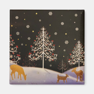 Goldene Vintage Hirschfamilie im Schneewald Magnet