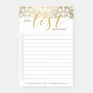 Goldene Vintage-Spitze und Liste-Typografie Post-it Klebezettel