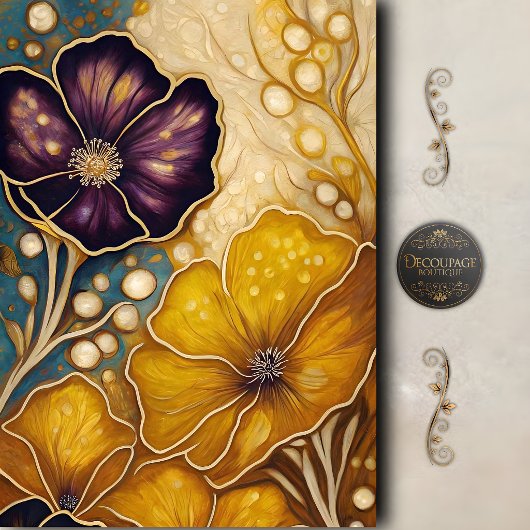 Goldene Violette Blüten Dekupage Seidenpapier