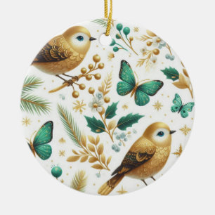 Goldene Vögel und Smaragdgrüne Schmetterlinge Keramik Ornament