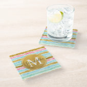 Goldene Wasserfarben-Streifen-Monogramm Glasuntersetzer (Schrägansicht)
