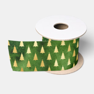 Goldene Weihnachtsbäume auf Grün Satinband