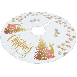 Goldene Weihnachtsbäume Hirsche und Schneeflocken Polyester Weihnachtsbaumdecke