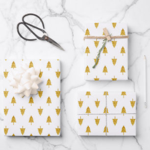 Goldene Weihnachtsbäume im weißen Hintergrund Geschenkpapier Set