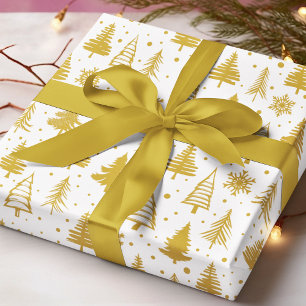 Goldene Weihnachtsbäume Schneeflocken Weißes Muste Geschenkpapier