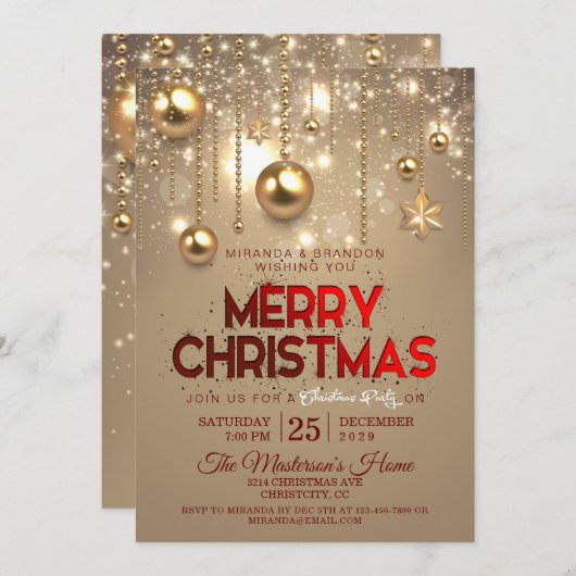 Goldene Weihnachtsbäume & Stars Weihnachten Einladung (Vorne/Hinten)