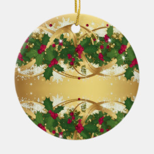 Goldene Weihnachtsgirlande — Rote Beeren & Stechpa Keramik Ornament