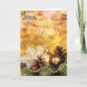 Goldene Weihnachtsglocke, Kugeln, Schneeflocke, Pi Feiertagskarte