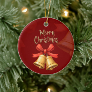 Goldene Weihnachtsglocken Rote Feiertagskunst Keramik Ornament