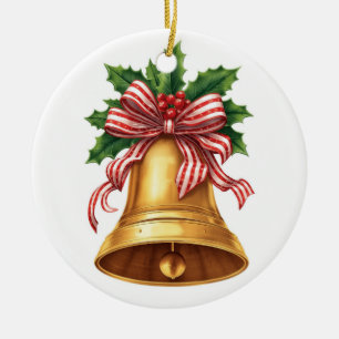 Goldene Weihnachtsglocken-Stechpalme und gestreift Keramik Ornament