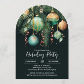 Goldene Weihnachtskugeln Weihnachtsbaum-Party Einladung (Vorderseite)