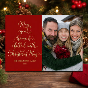 Goldene Weihnachtsmagie Rote Familienfoto Folien Feiertagskarte