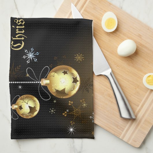 Goldene Weihnachtsschmuck Shiny Stars Schwarz Geschirrtuch (Viertel Falte)