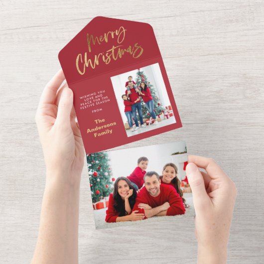 Goldene Weihnachtsschrift Rottartan-Foto All In One Einladung (Abreißen)