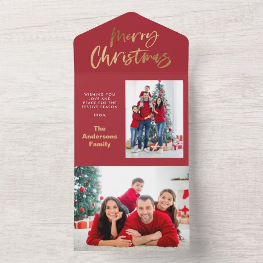 Goldene Weihnachtsschrift Rottartan-Foto All In One Einladung (Innen Boden)