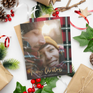 Goldene Weihnachtsschrift Rottartan-Foto Feiertagskarte