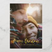 Goldene Weihnachtsschrift Rottartan-Foto Folien Feiertagskarte (Vorderseite)