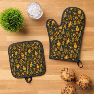 Goldene Weihnachtssymbole Ofenhandschuh & Topflappen-Set