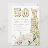Goldene weiße Blume Elegant 50. Geburtstag Einladung (Vorderseite)