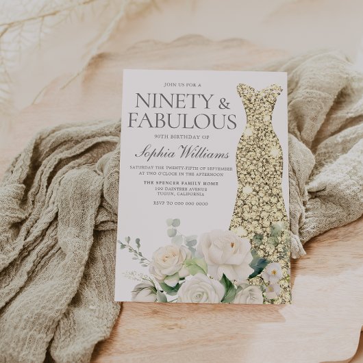 Goldene weiße Blumen Elegant 90. Geburtstag Einladung
