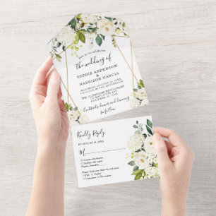 Goldene weiße Hydrangea-Hochzeit All In One Einladung
