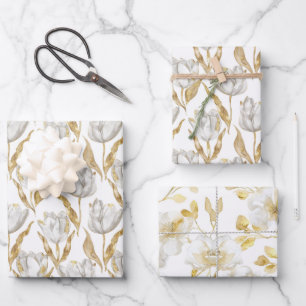 Goldene weiße Tulpen Blumen Brautparty Geschenkpapier Set
