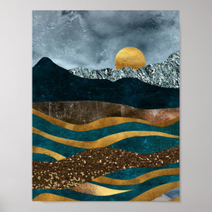 Goldene Wellen unter Mondlicht Poster