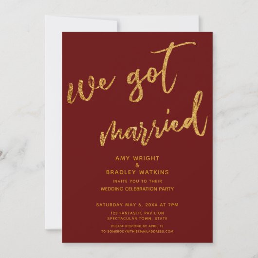 Goldene Wellen Wir Got Verheirateten Burgunder Rot Einladung (Vorderseite)