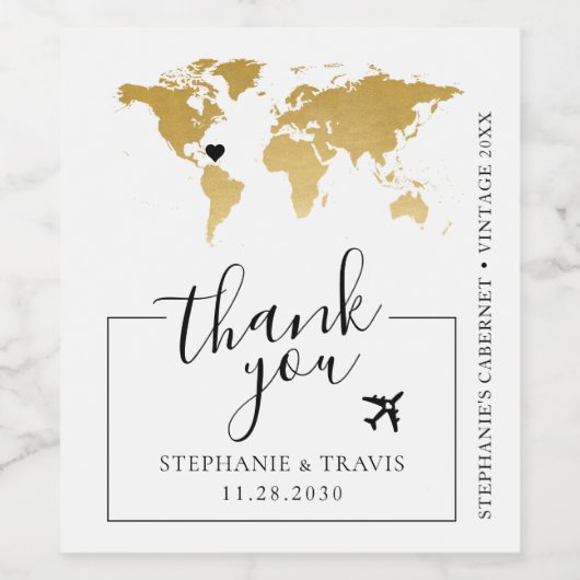 Goldene Weltkarte mit Herz-Hochzeit in Urlaubsort Weinetikett (Einzelnes Label)