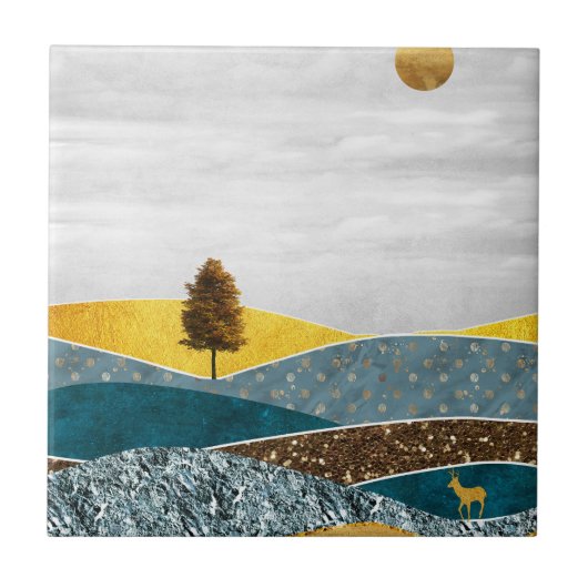 Goldene Wiese mit Baum und Hirsch Fliese (Vorderseite)