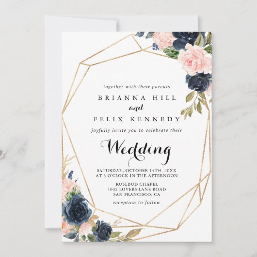 Goldene Winterblumenfront & Back Wedding Einladung (Vorderseite)