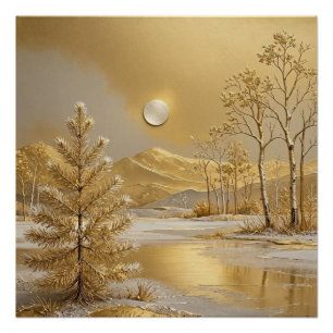 Goldene Winterlandschaft Kiefern Berg Mond Poster