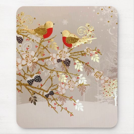 Goldene Winterschneevögel Weihnachten Mousepad (Vorne)