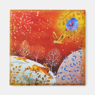 Goldene Winterwaldkaninchen Owl Wasserfarbe Magnet