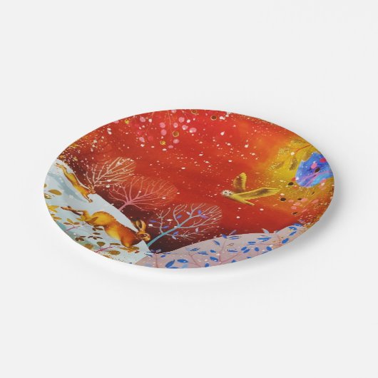 Goldene Winterwaldkaninchen Owl Wasserfarbe Pappteller (Schrägansicht)