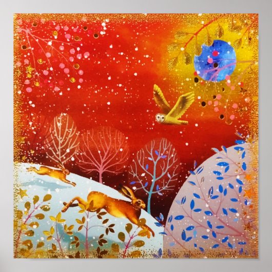 Goldene Winterwaldkaninchen Owl Wasserfarbe Poster (Vorne)