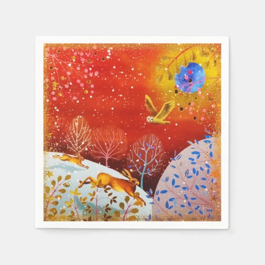 Goldene Winterwaldkaninchen Owl Wasserfarbe Serviette (Vorderseite)