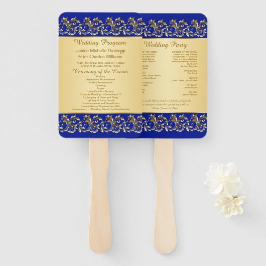Goldene Wirbel auf dem königsblauen Hochzeitsprogr Fächer (Vorne und Hinten)