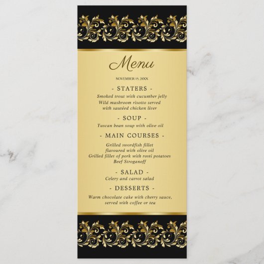 Goldene Wirbel auf der Black Wedding Menu Card Menükarte (Vorderseite)