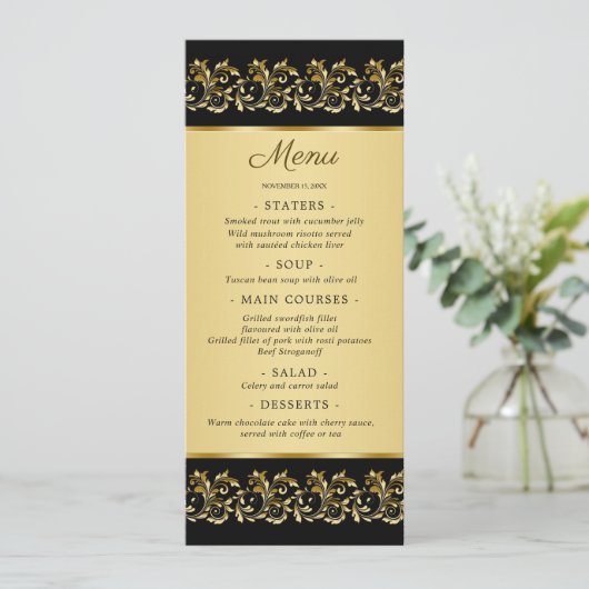 Goldene Wirbel auf der Black Wedding Menu Card Menükarte (Stehend Vorderseite)