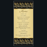 Goldene Wirbel auf der Black Wedding Menu Card Menükarte<br><div class="desc">Golden leafy Wirbel auf schwarzem Hintergrund und verbunden Herzen Wedding Menu Card.</div>