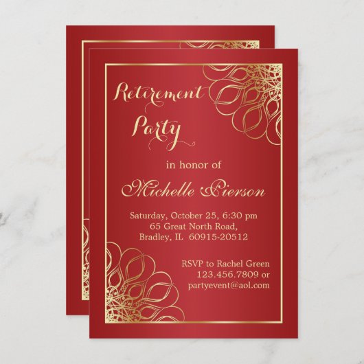 Goldene Wirbel auf dunkelrotem Party-Foto Einladung (Vorne/Hinten)