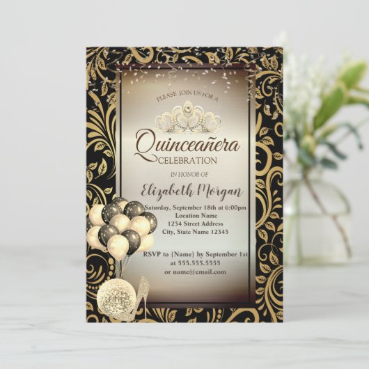 Goldene Wirbel, Balloons, Hochöle, Tiara Quinceañe Einladung (Stehend Vorderseite)