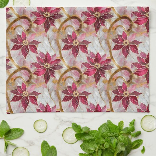 Goldene Wirbel Burgundy Pink Weihnachten Poinsetti Geschirrtuch (Gefaltet)