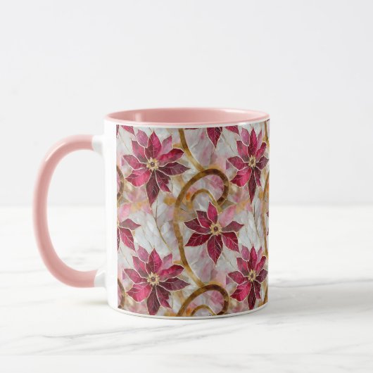 Goldene Wirbel Burgundy Pink Weihnachten Poinsetti Tasse (Links)