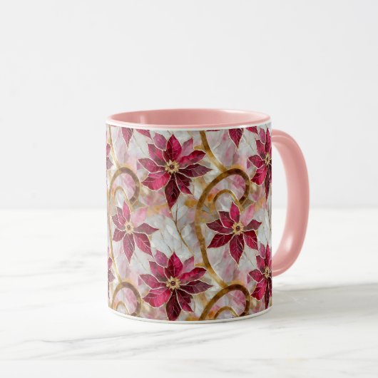 Goldene Wirbel Burgundy Pink Weihnachten Poinsetti Tasse (VorderseiteRechts)