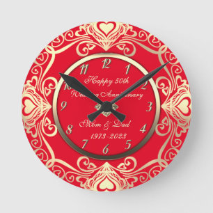 Goldene Wirbel Herz Diamant Rot 50. Hochzeit Runde Wanduhr