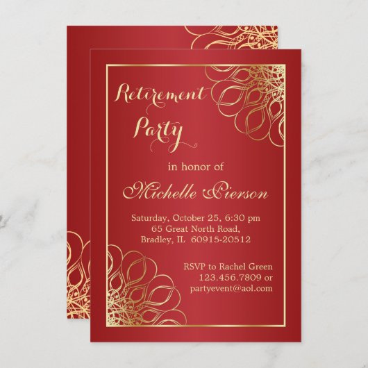Goldene Wirbel im dunkelroten Party zur Altersvors Einladung (Vorne/Hinten)