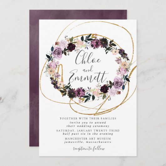 Goldene Wirbel Lila Rosa Blumenhochzeit Einladung (Vorne/Hinten)